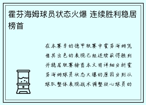 霍芬海姆球员状态火爆 连续胜利稳居榜首